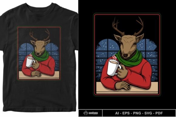 Deer Drinking Coffee Merry Christmas: A Charming Illustration for Creative Projects