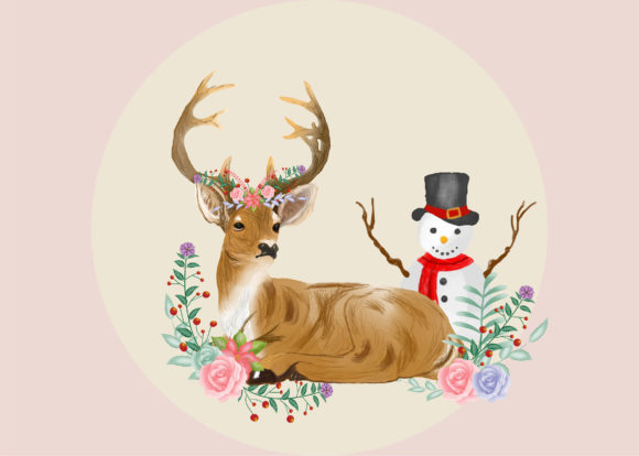 Merry Christmas Deer with Flower Style Graphics